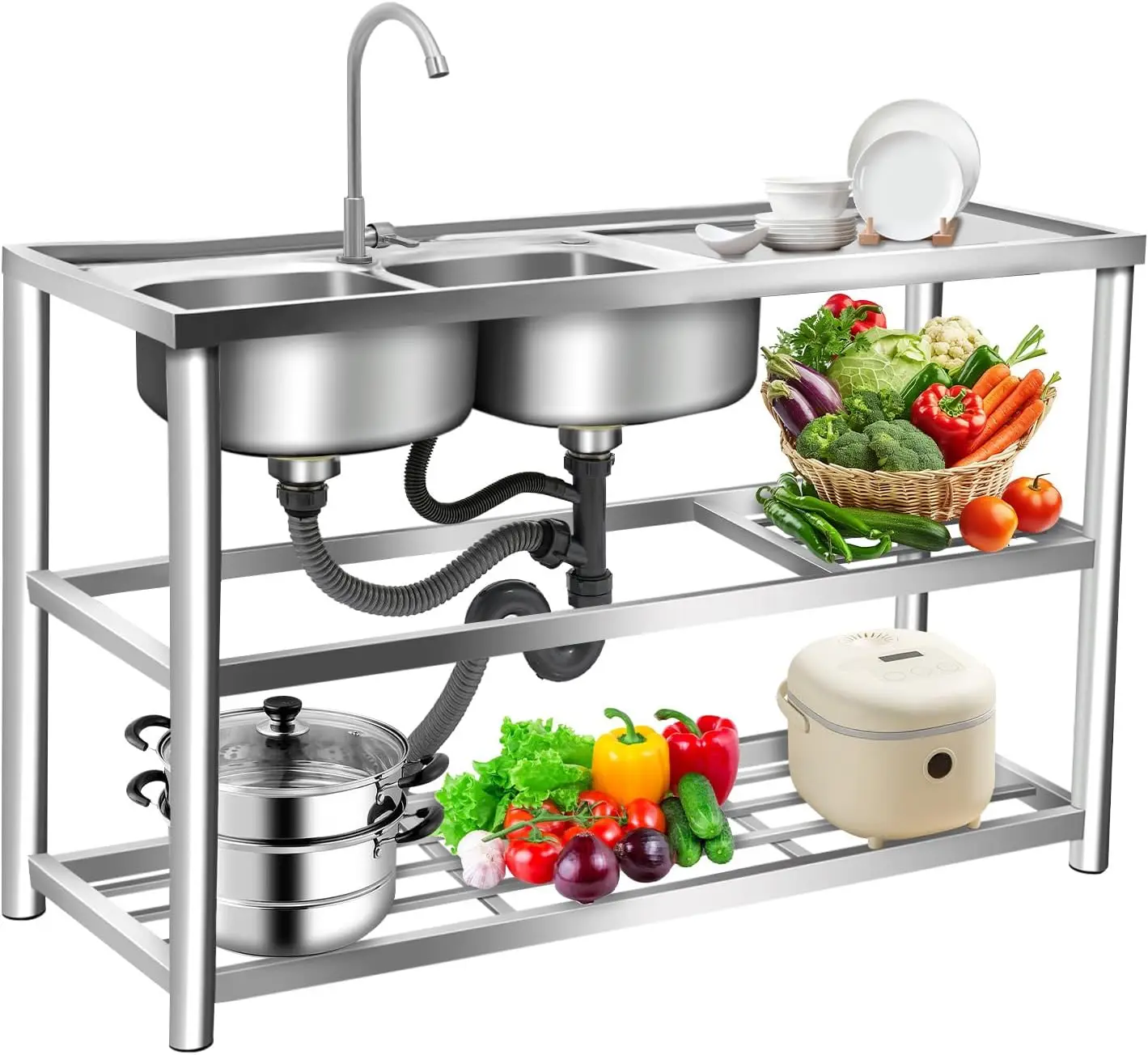 3 Tiers Freestanding Stainless - Commercial Kitchen Double Sink ulasan dan harga