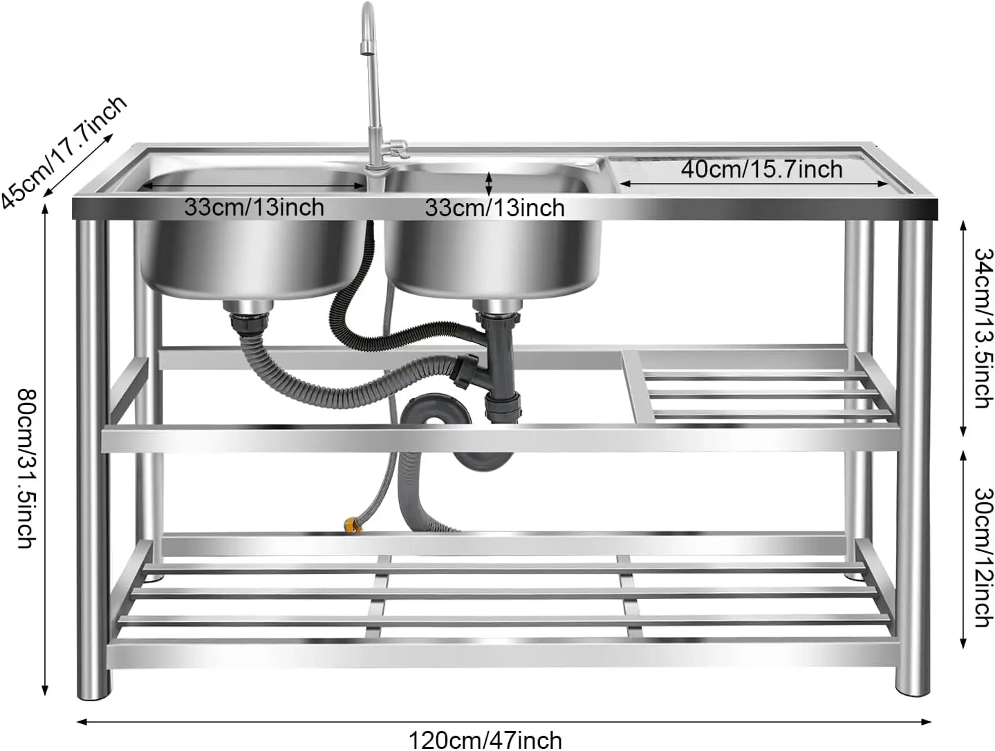 3 Tiers Freestanding Stainless - Commercial Kitchen Double Sink ulasan dan harga