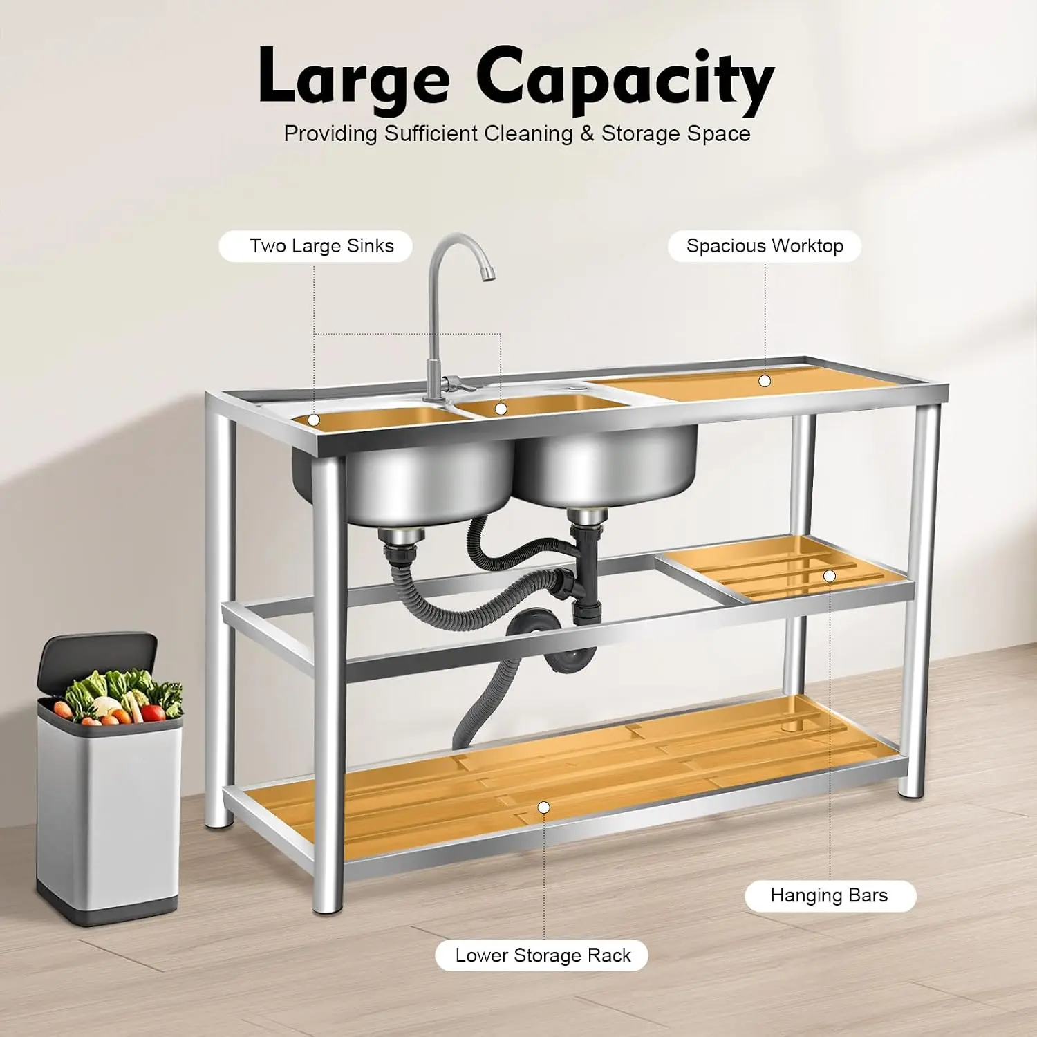 3 Tiers Freestanding Stainless - Commercial Kitchen Double Sink ulasan dan harga